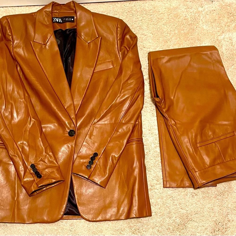 Zara Pleather Cognac Brown Suit